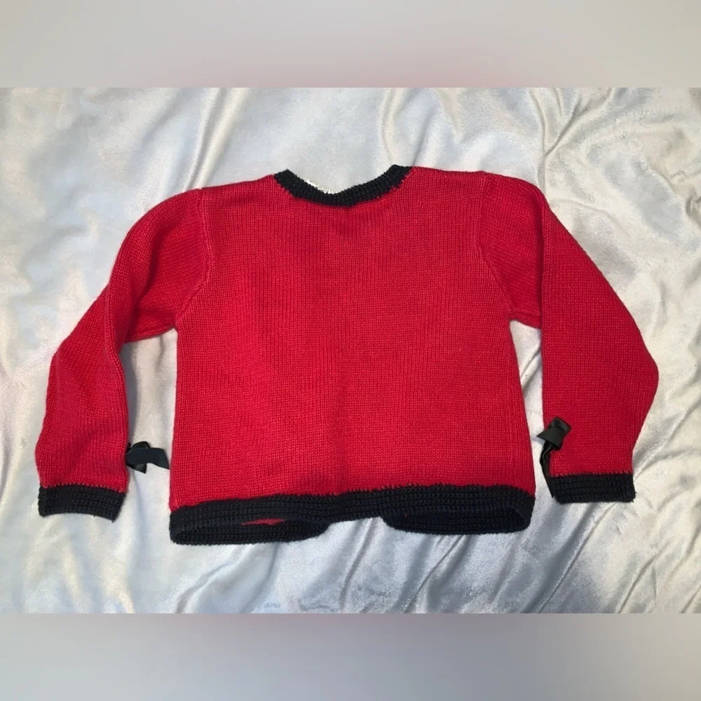 Rachel’s kids Red cardigan Black trim plaid Hearts scottie Dogs sleeve bows 4T